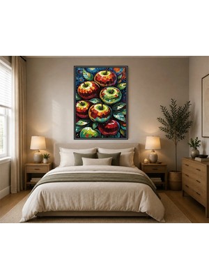 Rose Light Elmalar ve Yapraklar Motifiyle Duvar Dekoru Ahşap Mdf Baskı Salon, Yatak Odası, Çocuk Odası, Ofis Duvar Tablosu Çerçeve Görünümlü Md