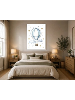 Rose Light Balonlu Bulutlar ve Yıldızlar Çocuk Odası Ahşap Mdf Baskı Tablo Mdf Tablo