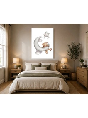 Rose Light Ayı ve Yıldızlarla Çocuk Odası Ahşap Mdf Baskı Tablo Mdf Tablo