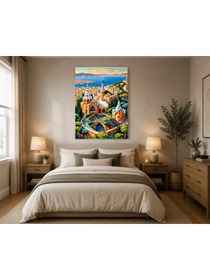 Rose Light Sagrada Familia ve Montjuïc Tepesi'nin Yağlı Boya Duvar Dekoru Ahşap Mdf Baskı Salon, Yatak Odası, Çocuk Odası, Ofis Duvar Tablosu Mdf Tab