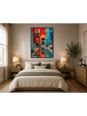 Rose Light Kareli Sokak Modern Sanat Karakalem Görünümlü Duvar Dekoru Ahşap Mdf Baskı Salon, Yatak Odası, Çocuk Odası, Ofis Duvar Tablosu Çerçe