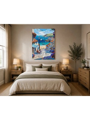 Rose Light Sahil Kenarında Köy Manzarası Salon Ahşap Mdf Baskı Tablo Mdf Tablo