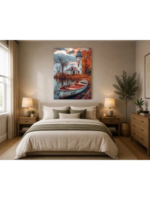 Rose Light Deniz Feneri ve Tekne Motifiyle Duvar Dekoru Ahşap Mdf Baskı Salon, Yatak Odası, Çocuk Odası, Ofis Duvar Tablosu Mdf Tablo