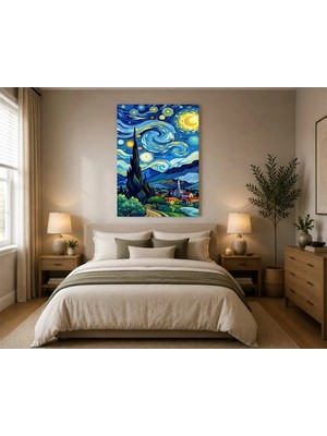 Rose Light Yıldızlı Gece Manzarası Cypres Ağacı ile Duvar Dekoru Ahşap Mdf Baskı Salon, Yatak Odası, Çocuk Odası, Ofis Duvar Tablosu Mdf Tablo