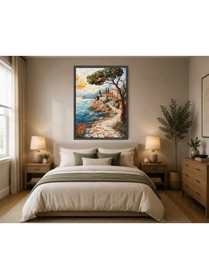 Rose Light Akdeniz Evleri ve Deniz Manzarası Duvar Dekoru Ahşap Mdf Baskı Salon, Yatak Odası, Çocuk Odası, Ofis Duvar Tablosu Çerçeve Görünümlü