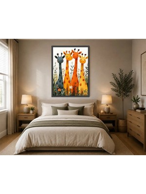 Rose Light Dört Afrika Zürafi Duvar Dekoru Ahşap Mdf Baskı Salon, Yatak Odası, Çocuk Odası, Ofis Duvar Tablosu Çerçeve Görünümlü Mdf Tablo