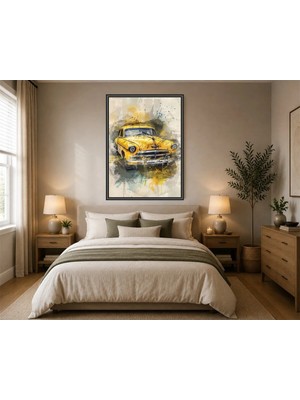 Rose Light Eski Otomobil Sulu Boya Görünümlü Duvar Dekoru Ahşap Mdf Baskı Salon, Yatak Odası, Çocuk Odası, Ofis Duvar Tablosu Çerçeve Görünümlü