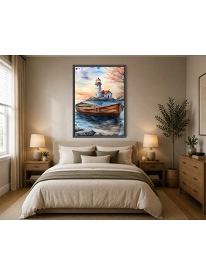 Rose Light Deniz Feneri ve Tekne Motifiyle Duvar Salon Dekoru Ahşap Mdf Baskı Salon, Yatak Odası, Çocuk Odası, Ofis Duvar Tablosu Çerçeve Görünümlü M