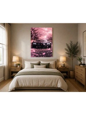 Rose Light Bugatti Chiron Otomobili ve Çiçekli Ağaçlar Duvar Salon Dekoru Ahşap Mdf Baskı Salon, Yatak Odası, Çocuk Odası, Ofis Duvar Tablosu Mdf Tab