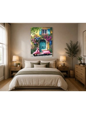 Rose Light Rosa ve Vespa Detaylı Duvar Dekoru Ahşap Mdf Baskı Salon, Yatak Odası, Çocuk Odası, Ofis Duvar Tablosu Mdf Tablo