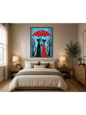 Rose Light Iki Kedi ve Gül Ağaçları Duvar Dekoru Ahşap Mdf Baskı Salon, Yatak Odası, Çocuk Odası, Ofis Duvar Tablosu Çerçeve Görünümlü Mdf Tabl