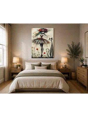 Rose Light Modern Sanat Kadın Görseli ve Kedi Desenli Duvar Dekoru Ahşap Mdf Baskı Salon, Yatak Odası, Çocuk Odası, Ofis Duvar Tablosu Mdf Tablo