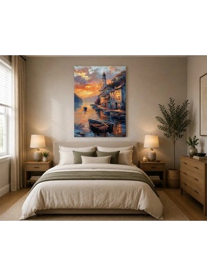 Rose Light Akşam Limanı Tekneleriyle Duvar Dekoru Ahşap Mdf Baskı Salon, Yatak Odası, Çocuk Odası, Ofis Duvar Tablosu Mdf Tablo