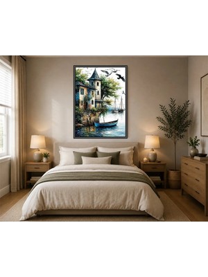 Rose Light Gölde Taş Ev ve Tekneler Duvar Dekoru Ahşap Mdf Baskı Salon, Yatak Odası, Çocuk Odası, Ofis Duvar Tablosu Çerçeve Görünümlü Mdf Tabl