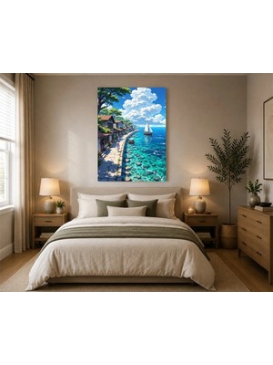 Rose Light Sahil Kenarında Köy Manzarası Salon Ahşap Mdf Baskı Tablo Mdf Tablo
