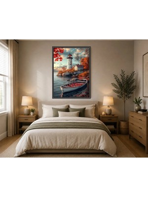 Rose Light Deniz Feneri ve Tekne Motifi Duvar Dekoru Ahşap Mdf Baskı Salon, Yatak Odası, Çocuk Odası, Ofis Duvar Tablosu Çerçeve Görünümlü Mdf