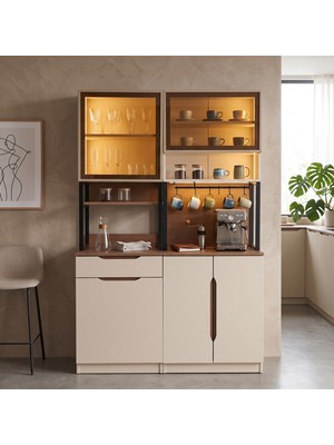 Eymense Barissa Cam Dolaplı Çekmeceli Fırın Modüllü Modüler %100 MDF Kahve Köşesi