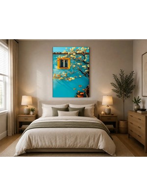 Rose Light Pencere ve Çiçekli Ağaç Duvar Dekoru Ahşap Mdf Baskı Tablo Mdf Tablo