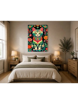 Rose Light Kedi Çiçekli Kalp Desenli Duvar Dekoru Ahşap Mdf Baskı Tablo Mdf Tablo