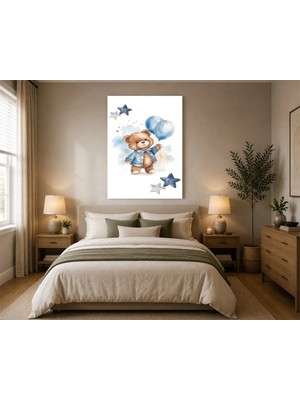 Rose Light Ayı Balonuyla Yıldızlar Çocuk Odası Ahşap Mdf Baskı Tablo Mdf Tablo