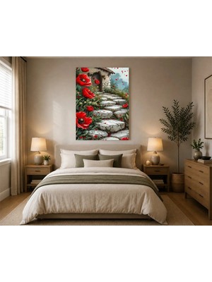 Rose Light Papatyalar ve Taş Merdivenli Yatak Odası Ahşap Mdf Baskı Tablo Mdf Tablo