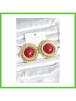 Bezos Pirinç Gold Renk Bordo Boncuklu Vintage Kadın Küpe Dmc