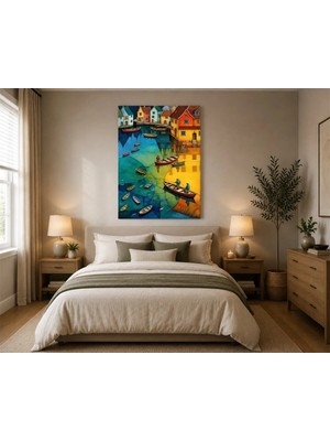Rose Light Limanda Tekne ve Evler Duvar Dekoru Ahşap Mdf Baskı Tablo Mdf Tablo
