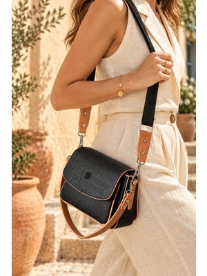 Just Polo Siyah Taba Yeni Sezon Kolon Askılı 4 Bölmeli Kadın Omuz Çantası 21X16CM 4062