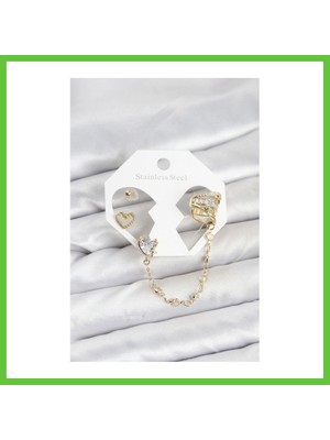 Bezos Pirinç Gold Renk Kalp Model Zincir Bağlantılı Ear Cuff Küpe Seti Dmc
