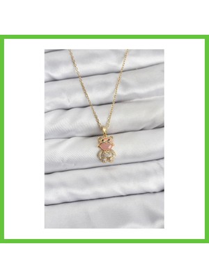 Bezos 316L Çelik Zincir Gold Renk Teddy Bear Model Zirkon Taşlı Kadın Kolye Dmc