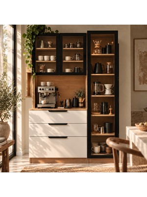 Just Home Verona Cam Kapaklı ve Ledli Kahve Köşesi Dolabı - Safir Meşe / Beyaz - 120 cm