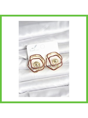 Bezos Pirinç Gold Renk Bordo Mineli Geometrik Gül Model Kadın Küpe Dmc