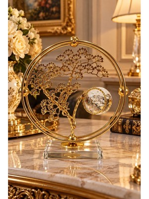 Home Dekor Hediye Lüks Hayat Ağacı Tasarımlı Gold Metal Biblo Kristal Küreli Standlı Yuvarlak Salon Aksesuarı 18X18 cm