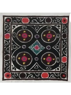 Etnik Bulvar Suzani Pamuk Siyah Masa Örtüsü 160 x 165 cm