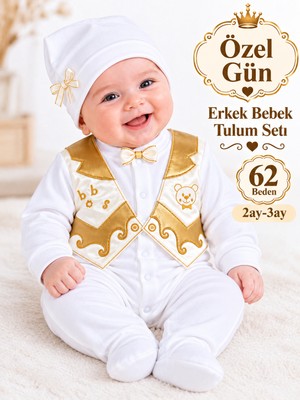 Sönmez Bebe Erkek Bebek Mevlüt Tulum Seti 2-3AY 62 Beden %100 Pamuk  Altın ve Gümüş Saten Yelek Görünümlü Papyonlu Ayıcıklı Özel Gün Hastane Çıkışı-Bebek Hediyelik