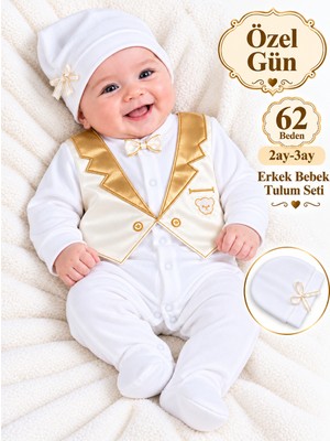 Sönmez Bebe Erkek Bebek Mevlüt Tulum Seti 2-3AY 62 Beden %100 Pamuk  Altın ve Gümüş Saten Yelek Görünümlü Papyonlu Ayıcıklı Özel Gün Hastane Çıkışı-Bebek Hediyelik