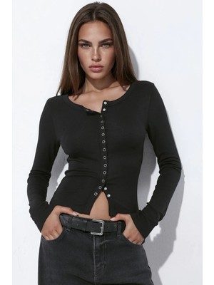 Hiccup Kadınlar Önü Full Çıtçıtlı Örme Bluz Siyah