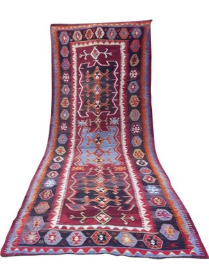 Etnik Bulvar Yün Kırmızı El Dokuması Kilim 154 x 351 cm