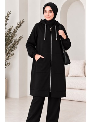 3 Iplik Şardonsuz Oversize Kalıp Pamuklu Fermuarlı Kapüşonlu Basic Uzun Sweatshirt Hırka