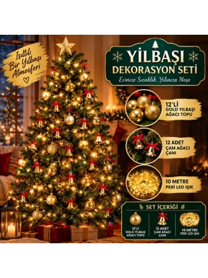 Home Dekor Hediye 3'lü Yılbaşı Ağacı Süs Seti 12’li Gold Çam Ağacı Topu 12 Adet Çam Ağacı Çanı 10 Metre Peri Led ışık
