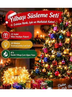 Home Dekor Hediye 3'lü Yılbaşı Ağacı Süsleme Seti 10 Metre Animasyonlu Peri LED 6'lı Yılbaşı Topu 12'li Hediye Paketi