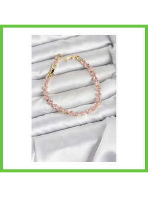 Bezos Pembe Kare Zirkon Taşlı Gold Renk Pirinç Su Yolu Kadın Bileklik Dmc