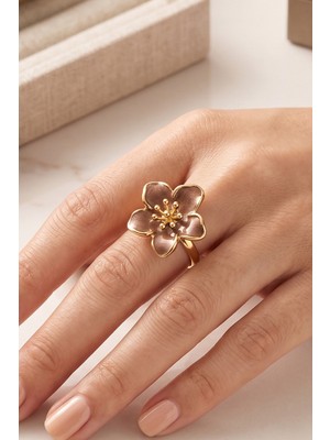 Aurrari Gold Ayarlanabilir Sedefli Kahverengi Sakura Çiçeği Yüzük