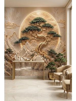 Dreamwall Altın Ufkun Koruyucusu-Kabartmalı Gold Ağaç ve Ay Desenli Tek Parça Tekstil Duvar Kağıdı