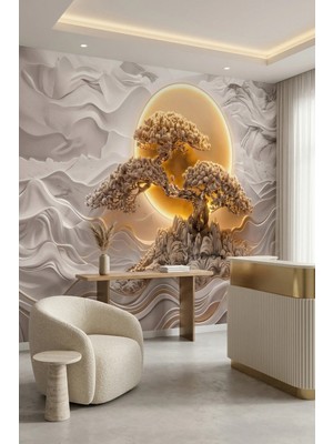 Dreamwall Işığın Saklı Kökleri-Kabartmalı Güneş ve Ağaç Desenli Tek Parça Tekstil Duvar Kağıdı