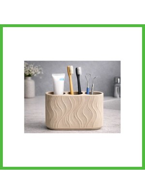 Bezos 3D Baskı Üç Bölmeli Diş Fırçalık Dalga Desenli Banyo Organizeri Minimalist Diş Fırçası Tutucu Bej Arz