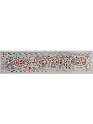Etnik Bulvar Suzani Pamuk Beyaz Masa Örtüsü 50 x 178 cm