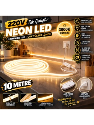 Econa 10 Metre 3000K-GÜNIŞIĞI 220V Neon LED Şerit ,tak Çalıştır Set, Fişli Anahtarlı Esnek Şerit Led, ,turuncu Led,mutfak,tezgah Ledi,led Şerit Işık ,ambiyans Işık Havuzu, Kendinden Yapışkanlı,kehribar LED