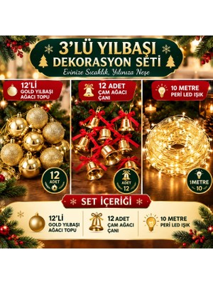 Home Dekor Hediye 12’li Gold Çam Ağacı Topu 12 Adet Çam Ağacı Çanı 10 Metre Peri Led ışık 3'lü Yılbaşı Ağacı Süs Seti