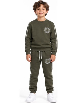 Rony Pony Kids Haki Kaplan Nakışlı 3 Iplik Çocuk Eşofman Takımı Bisiklet Yaka Biyeli Sweatshirt ve Jogger Alt